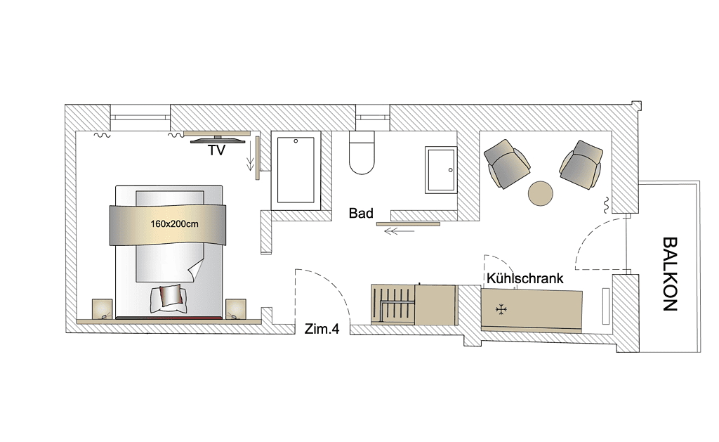 Grundriss der Ferienwohnung im Gästehaus am Kurparkweg, Reit im Winkl, mit Schlafzimmer, Bad und Bal.