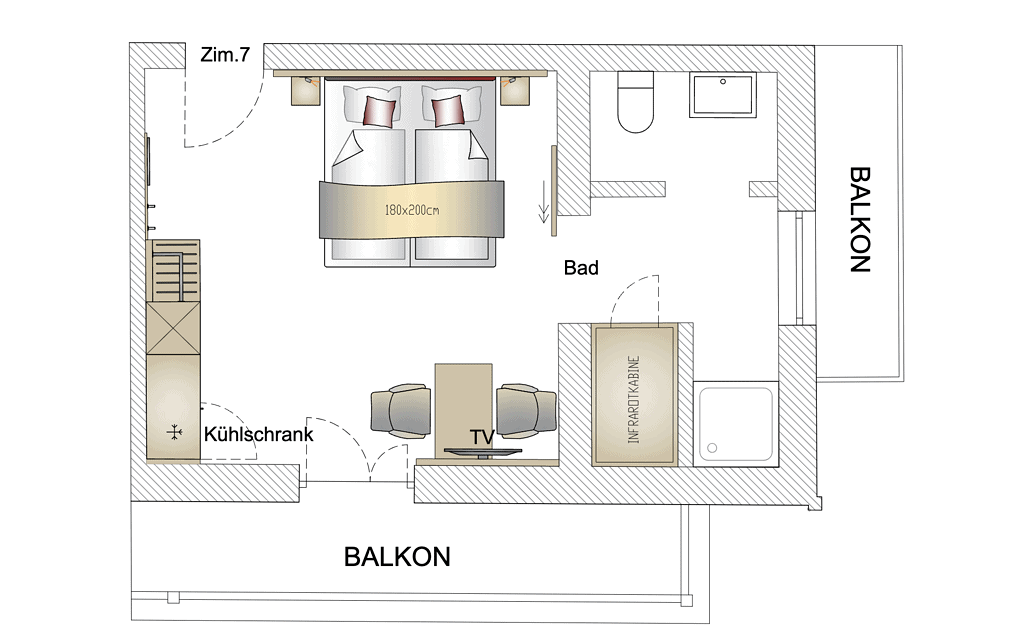 Helles Gästezimmer mit Balkon, Doppelbett, TV und Kühlschrank in Reit im Winkl. Perfekt für einen er.