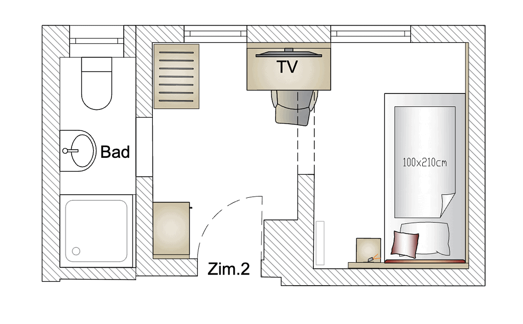 Grundriss eines Gästehauses mit Schlafzimmer, Bad und TV in Reit im Winkl.